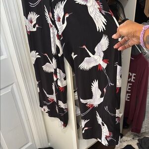 LOFT Elegant Black Crane Print Women's Pants Wide Leg Drawstring